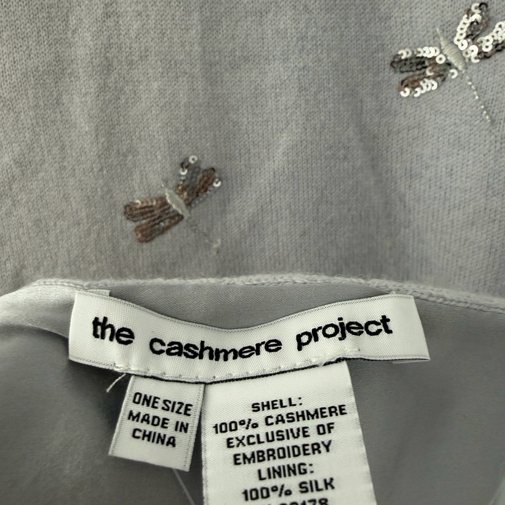 The Cashmere Project Light Gray Cashmere/Silk Scarf with Sequins Dragonflies